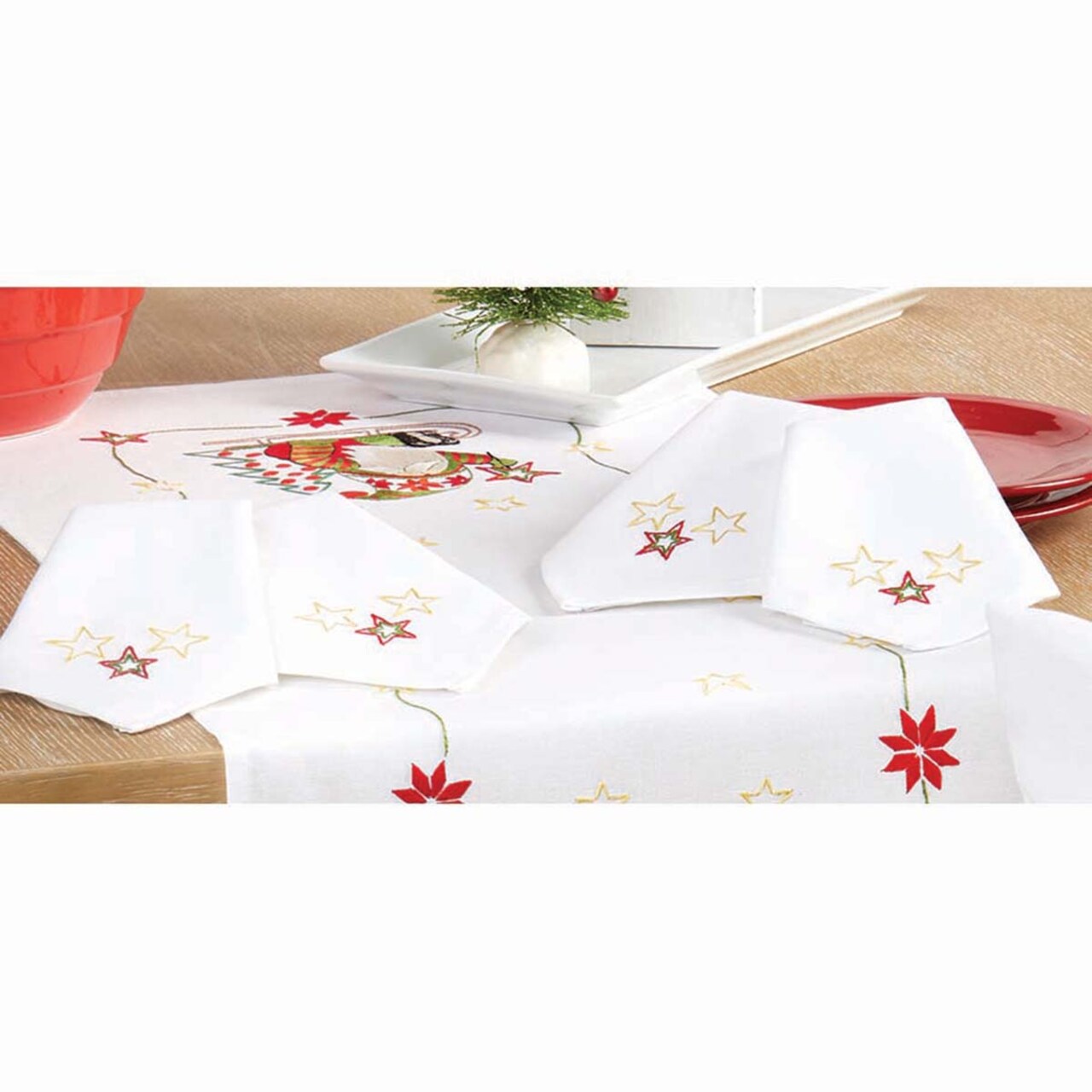 Herrschners Gnome Santa on Sled Napkins Stamped Embroidery Kit